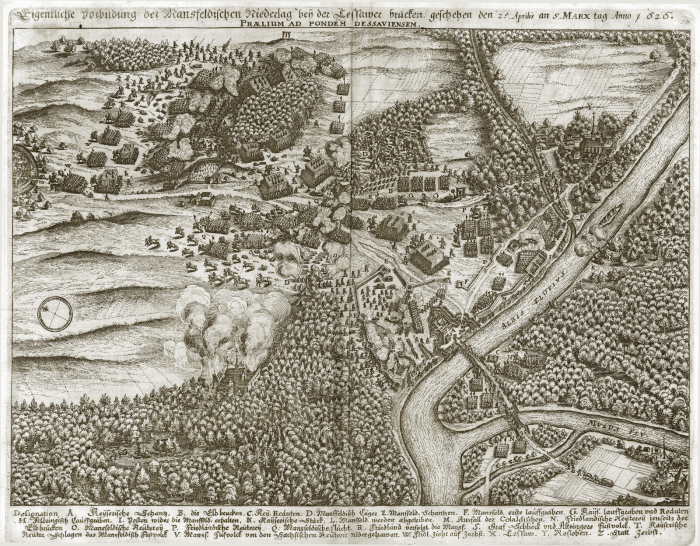 Merian, Matthaeus d. .: Schlacht an der Dessauer Brcke aus: Theatrum Europaeum, Band I, 3. Aufl., Frankfurt am Main: M. Merian, 1662. - Exemplar der Universittsbibliothek Augsburg, Sign. 02/IV.13.2.26-1