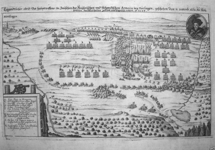 Die Schlacht bei Nrdlingen im Jahr 1634,Kupferstich bei Latomus Erben in Frankfurt am Main, 1634. Privatbesitz: Axel Stolch