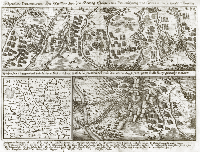 Merian, Matthaeus d. .: Schlacht bei Stadtlohn. Tilly besiegt Christian von Braunschweig aus: Theatrum Europaeum, Band I, 3. Aufl., Frankfurt am Main: M. Merian, 1662. - Exemplar der Universittsbibliothek Augsburg, Sign. 02/IV.13.2.26-1 