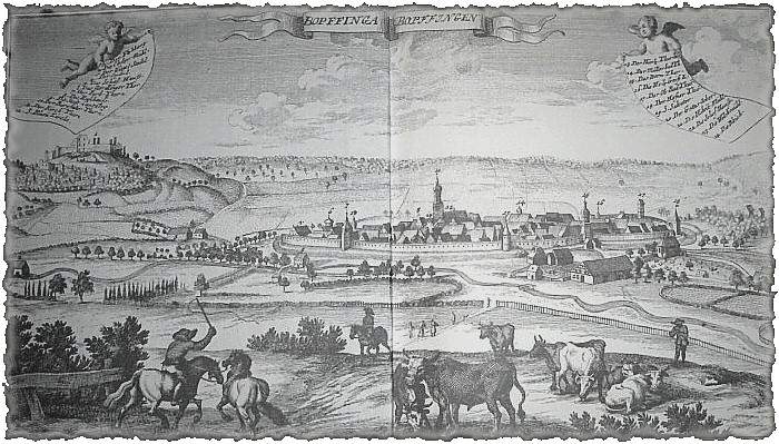Stich von Bopfingen aus dem 18. Jahrhundert..."Eine kleine Reichs Statt 1 Meile von Nördlingen...."